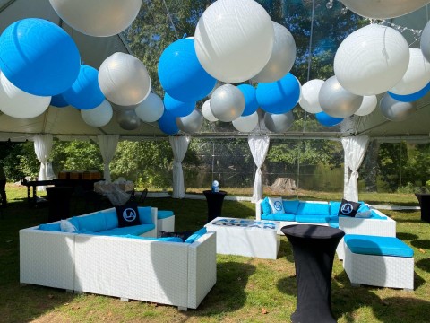 Large Blue & White Ceiling Balloons Over Tent Lounge Setup for Outdoor Bar Mitzvah at Edith Macy Center