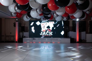 Red, Black & White Ceiling Balloon Treatment over Dance Floor for Casino Themed Bar Mitzvah at Temple Emanu-el, Closter