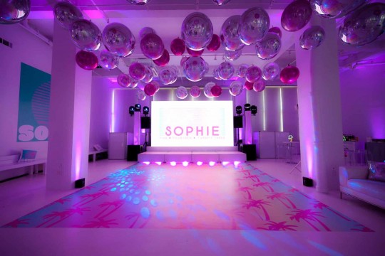 Pink & Silver Metallic Orbs Ceiling Treatment at Location05, NYC