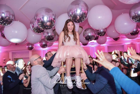 White & Silver Ceiling Balloon Treatment over Dance Floor for Bat Mitzvah at Hampshire Country Club