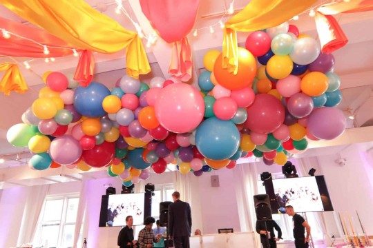 Multi Colored Organic Balloon Install with Fabric Draping for Carnival Themed Bat Mitzvah at Midtown Loft, NYC