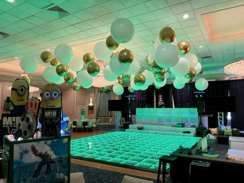 Gold & White Ceiling Balloon Treatment for Amusement Park Themed Bar Mitzvah at Temple Beth El, New Rochelle