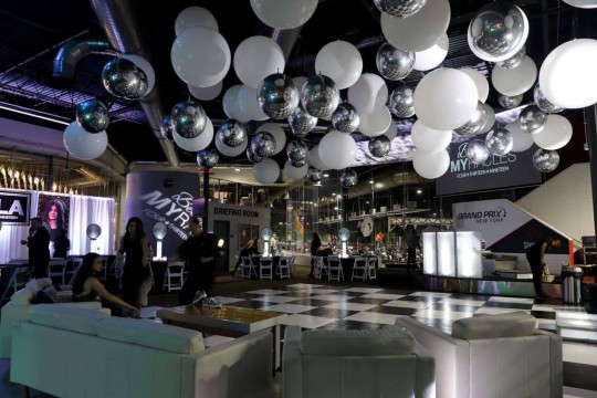 White & Silver Ceiling Balloon Treatment over Dance Floor at Grand Prix, Mt. Cisco