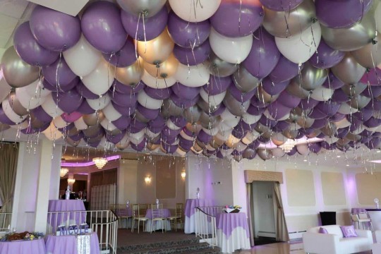Lavender, Silver & White Ceiling Balloons over Dance Floor at the Davenport Mansion
