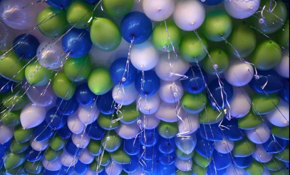 Lime & Royal Loose Ceiling Balloons with Ribbons over Dance Floor