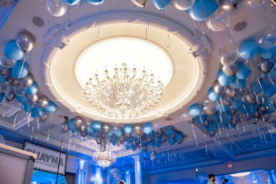 Pale Blue & Silver Loose Ceiling Balloons with Ribbons over Dance Floor at Primavera Regency