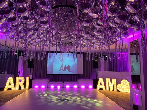 Loose Metallic Ceiling Balloon Orbz with Silver Shimmer Ribbon for Bat Mitzvah at Nexus Club, NYC