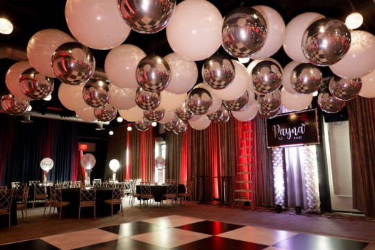 White & Silver Ceiling Balloon Treatment over Dance Floor at The Hotel Nyack