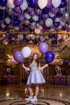 Purple & Lavender Ceiling Balloons with Silver Shimmer Ribbon over Dance Floor at Seasons Catering, NJ