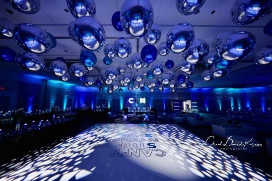 Silver & Blue Metallic Orbz Ceiling Install with Custom Wrapped Dance Floor & LED Uplighting at Hyatt Regency, Greenwich