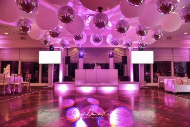 White & Silver Ceiling Balloon Treatment for Bat Mitzvah at Hampshire Country Club