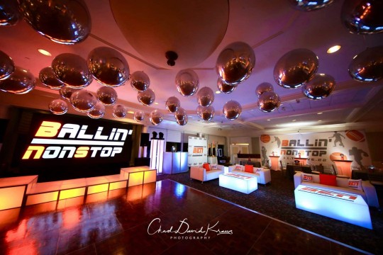 Ceiling Treatment of Metallic Silver Orbz for ESPN Bar Mitzvah at Hampshire Country Club