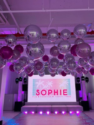 Pink & Silver Metallic Orbs Ceiling Treatment at Location05, NYC