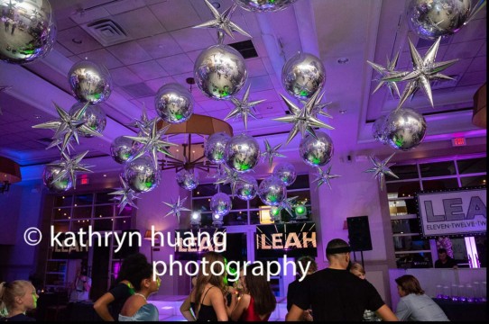 Metallic Silver Starburst Ceiling Balloon Treatment for Science Themed Bat Mitzvah at Stonehouse at Stirling Ridge