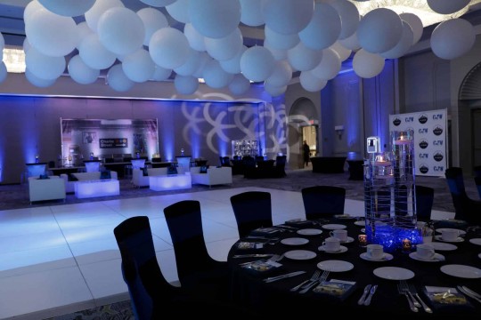 Large White Ceiling Balloon Install over Dance Floor for NYC Themed Bar Mitzvah at the Park Ridge Marriott