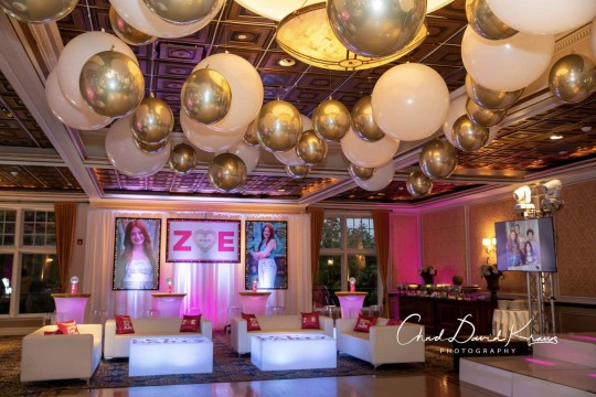 White & Gold Ceiling Balloons with Custom Lounge Setup for Bat Mitzvah at VIP Country Club