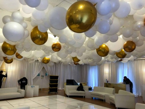 White & Gold Organic Balloon Install over Dance Floor
