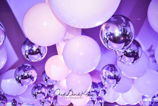 White & Silver Ceiling Balloon Treatment over Dance Floor for Beach Themed Bat Mitzvah at Beach Point Club