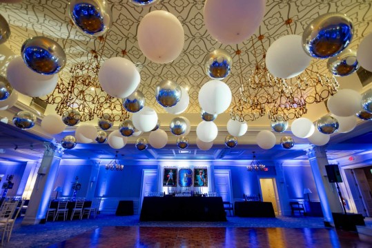 White & Silver Ceiling Balloons & Custom Bar Backdrop with Initials & Photos & Lights at Preakness Hills Country Club