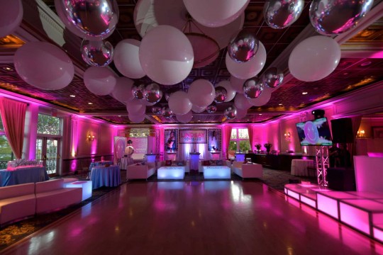 White & Silver Ceiling Balloon Treatment for Bat Mitzvah at VIP Country Club