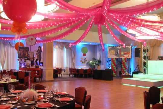 Hot Pink Organza Swagged over Dance Floor with Lights