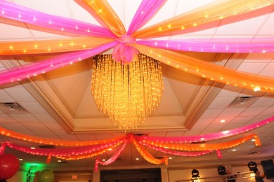 Pink & Orange Organza Swag on Ceiling with Lights