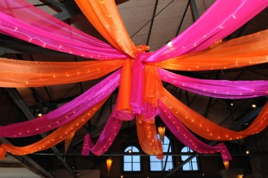 Hot Pink & Orange Sparkle Organza with Lights over Dance Floor