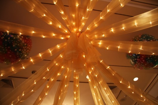 Gold Sparkle Organza with Lights on Ceiling