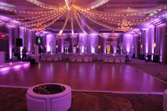 Silver Tulle Ceiling Swag with Lavender Uplighting at the Hilton, Woodcliff Lake