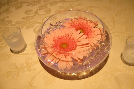 Glass Bowl Cocktail Centerpiece with Pink Floating Gerber Daisies