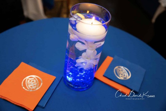 Mini Orchid Cocktail Centerpiece with Blue Chips & Custom Cocktail Napkins
