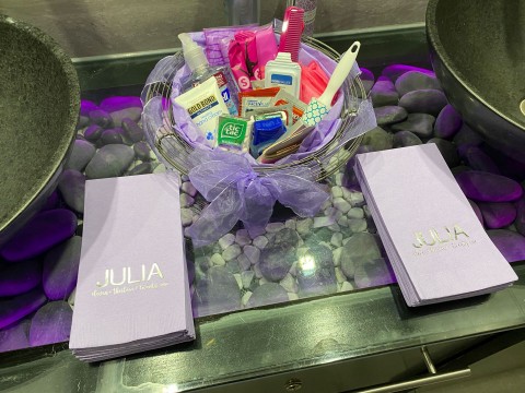 Custom Lavender Guest Towels with  Silver Foil Logo and Ladies Room Basket for Bat Mitzvah