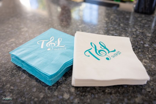 Custom White & Turquoise Cocktail Napkins with Logo and Date for Bat Mitzvah