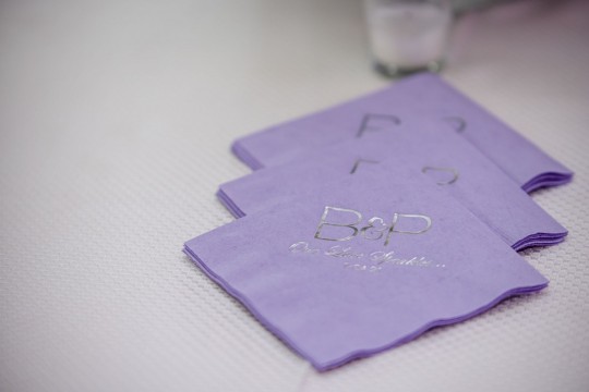Lavender Custom Cocktail Napkins with Silver Metallic Foil Initials and Date for Engagement Party