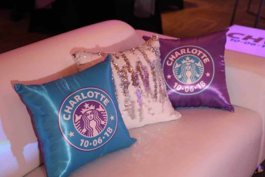 Starbucks Themed Logo Pillows & Bling Pillow for Bat Mitzvah Lounge