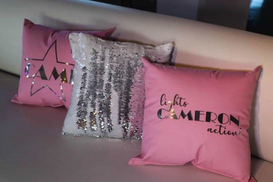 Custom Hollywood Theme Logo Pillow and Blingy Pillow for Lounge Decor