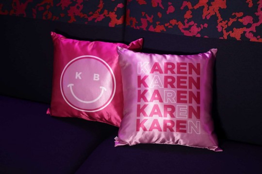 Pink Smiley Face Logo Pillow for Bat Mitzvah Lounge