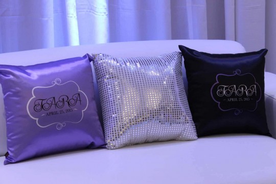 Lavender & Black Lounge Pillows with Custom Logo & Silver Sequin Bling Pillows for Sweet 16 Lounge