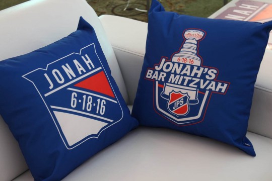 Rangers Themed Bar Mitzvah with Custom Logo Pillows