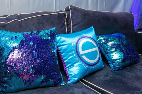Turquoise & Purple Pillow with Custom Logo