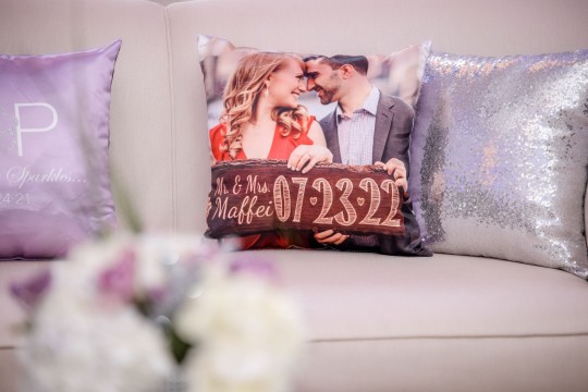 Custom Pillow with Couple's Picture and Bling Pillow  for Engagement Party Lounge Set Up