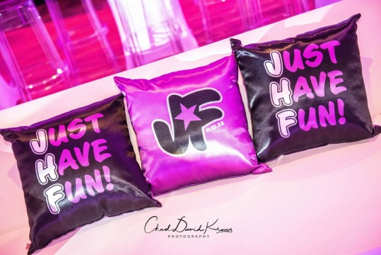 Black & Purple Logo Pillows for Bat Mitzvah Lounge