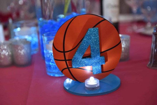 Basketball Table Sign with Cutout Glittered Number