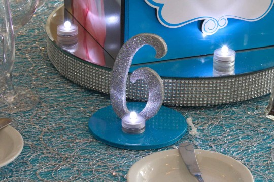 Silver & Blue Glittered Table Number with LED Light