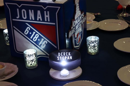 Hockey Puck Table Sign with Player Name for Rangers Themed Bar Mitzvah