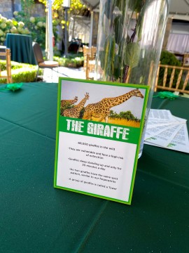 Custom Printed and Free Standing Giraffe Table Sign with Curiosities for Jungle Themed Bar Mitzvah