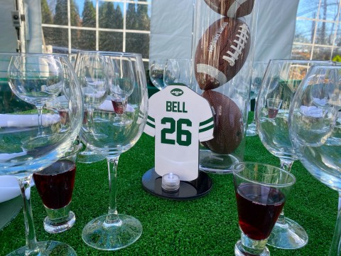 Custom Football Jersey Cutout Table Sign for Jets Themed Bar Mitzvah