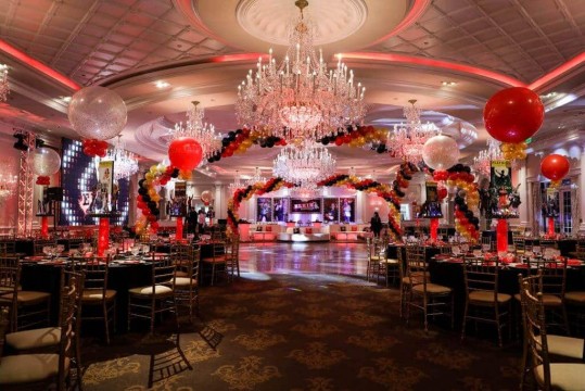 Red, Black & Gold Balloon Wrap around Dance Floor for Broadway Themed Bar Mitzvah at The Rockleigh, NJ