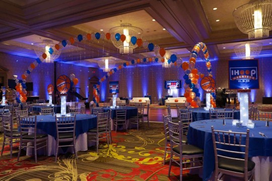 Blue & Orange Balloon Gazebo with  Lights for Basketball Themed Bar Mitzvah at the Hilton Westchester