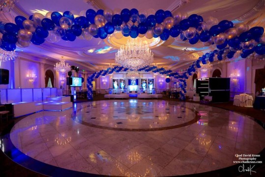 Blue & Silver Balloon Wrap around Dance Floor with Lights at The Rockleigh